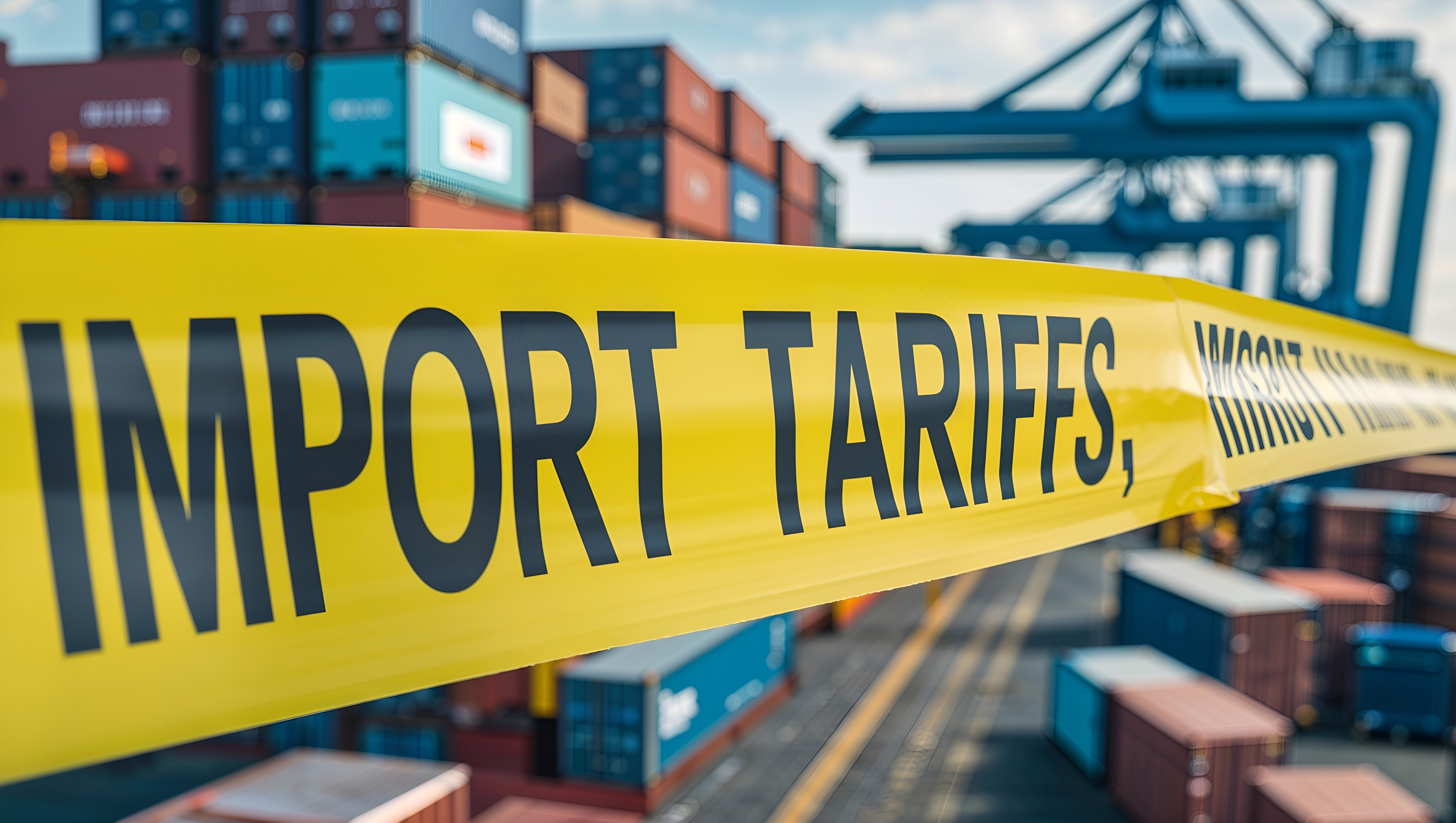 shipping containers with yellow tape that says import tariffs