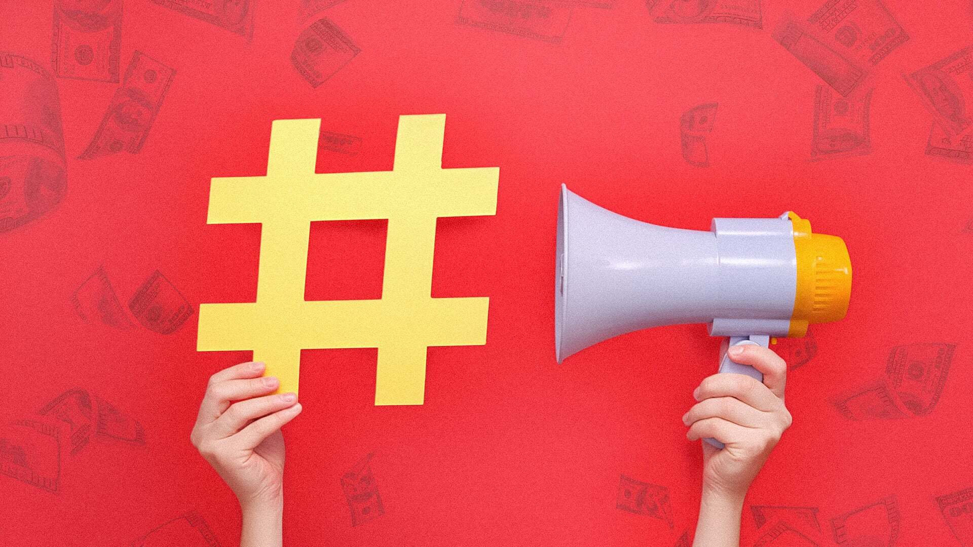Social media paid vs organic megaphone hashtag and money flying around