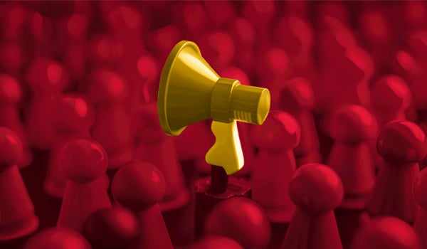 B2B Marketing megaphone, social media influencer, red and yellow chess pawns