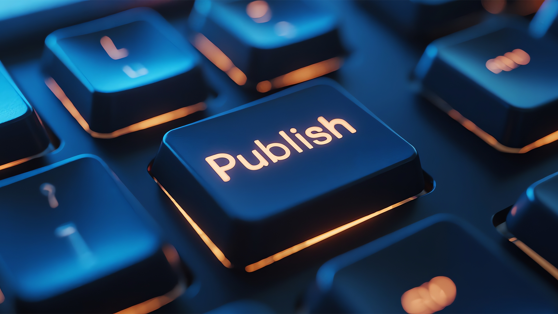 close up on a laptop keyboard with a publish button
